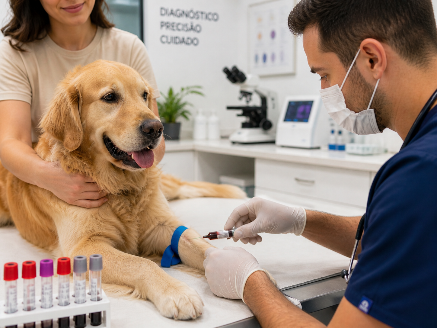 Coleta de sangue em cachorro para dosagem de colesterol Veterinário realizando coleta de sangue em cachorro para dosagem colesterol em cachorro, com tutor presente e ambiente clínico estruturado para investigação laboratorial segura