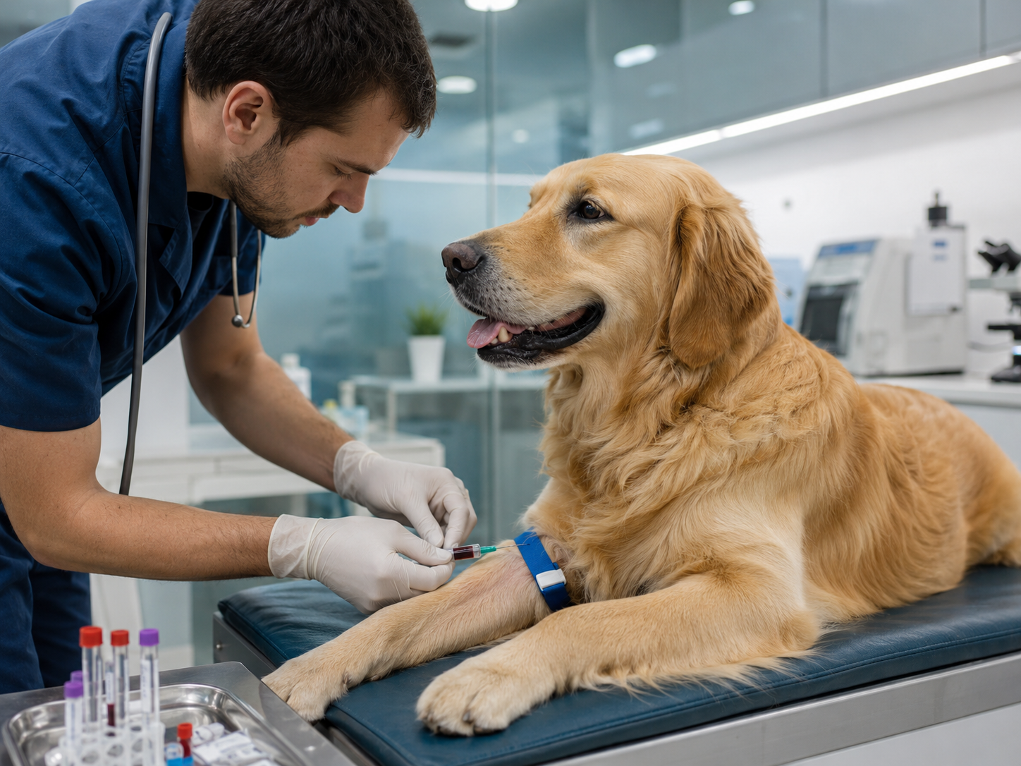 Veterinário coleta sangue de cão para exame de bilirrubinas totais e frações veterinário em ambiente laboratorial limpo e organizado.