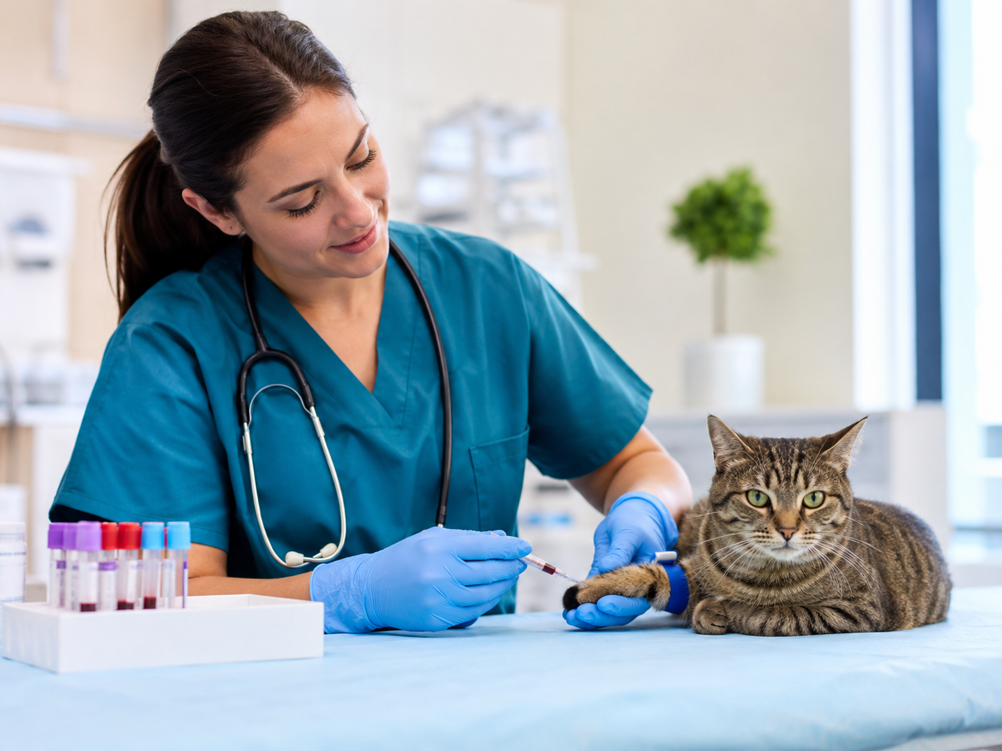 Veterinária realiza coleta de sangue em gato para exame de cálcio iônico veterinário, com tubos laboratoriais ao lado em ambiente clínico.