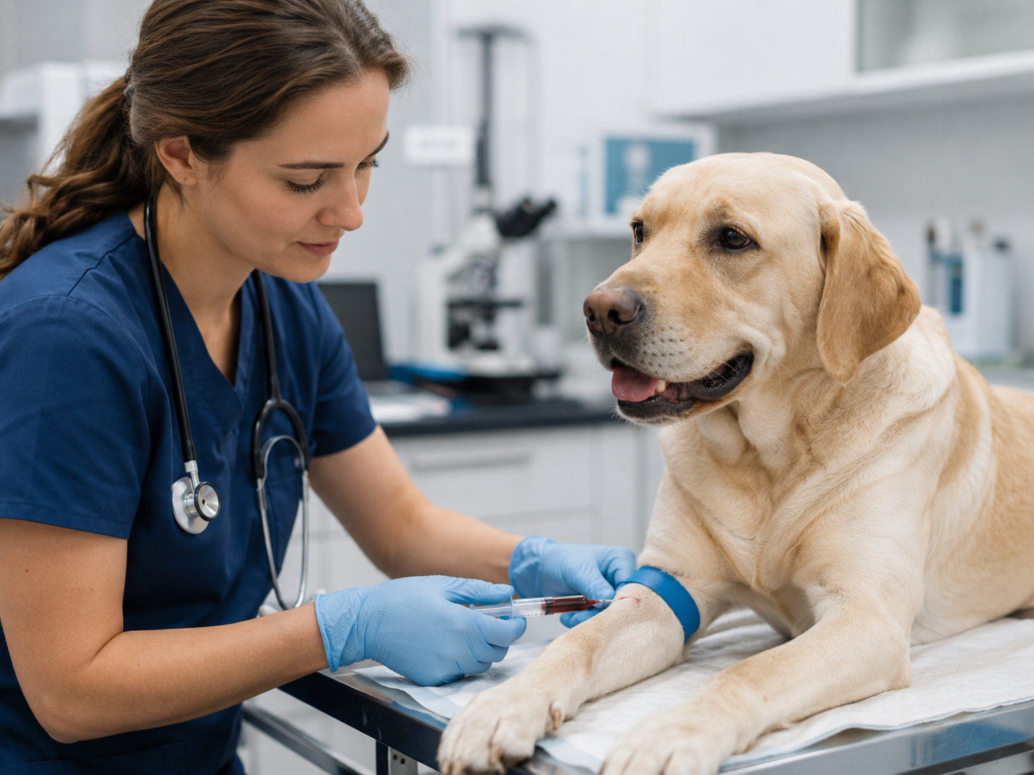 Veterinária realiza coleta de sangue em cão para exame de fósforo veterinário, com suporte da tutora em ambiente clínico organizado.