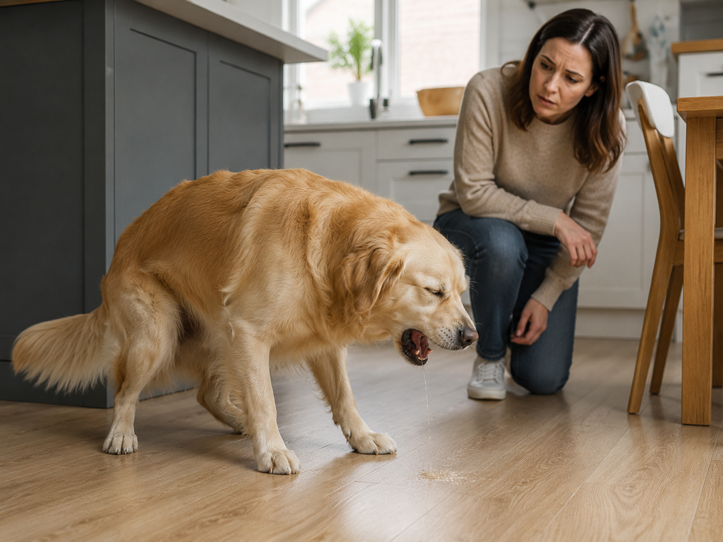 Cachorro engasgando na cozinha, com salivação e postura curvada, enquanto a tutora observa o animal com preocupação durante o episódio.