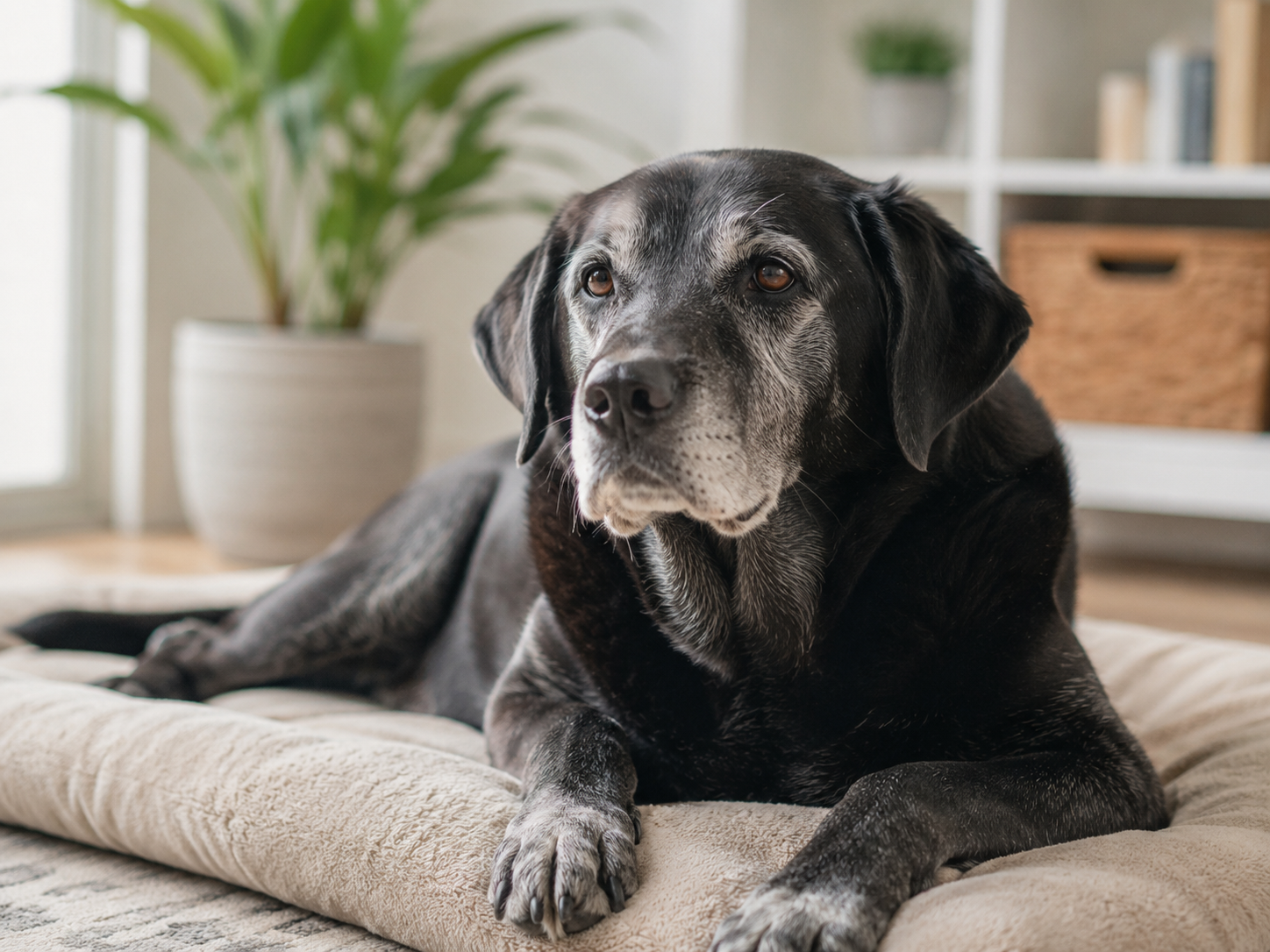 Cachorro idoso de pelagem preta descansando em cama acolchoada, com focinho grisalho e expressão tranquila dentro de uma sala iluminada.