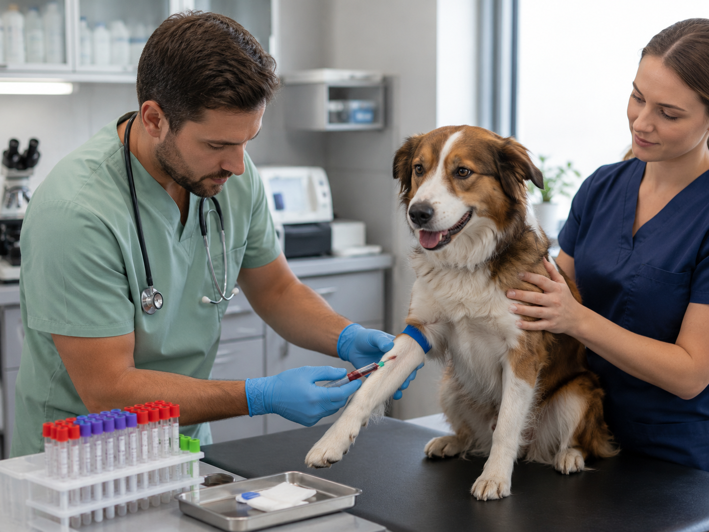Equipe veterinária colhendo sangue de cão em laboratório para exame de magnésio veterinário, com tubos de amostra e atendimento técnico.