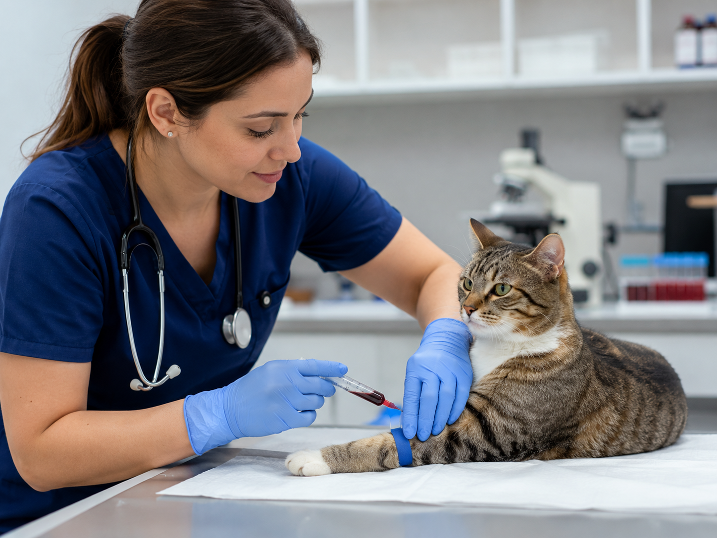 Veterinária realiza coleta de sangue em gato para exame de potássio veterinário em ambiente laboratorial limpo e organizado.