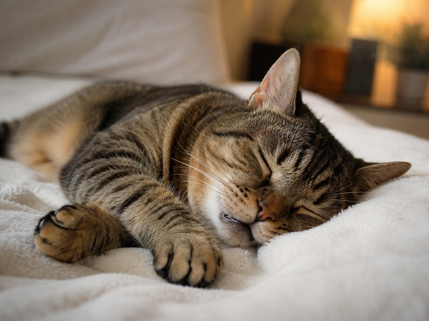 Gato roncando enquanto dorme sobre uma cama, em ambiente doméstico tranquilo, com postura relaxada e focinho apoiado no tecido.