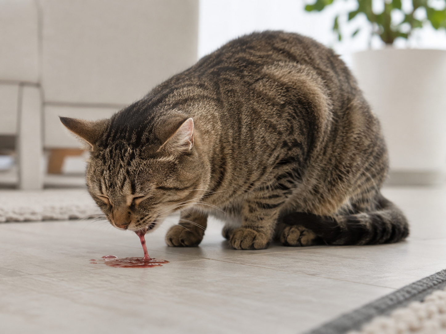 Gato tigrado em postura de vômito elimina pequena quantidade de sangue no chão de casa, representando quadro de gato vomitando sangue.