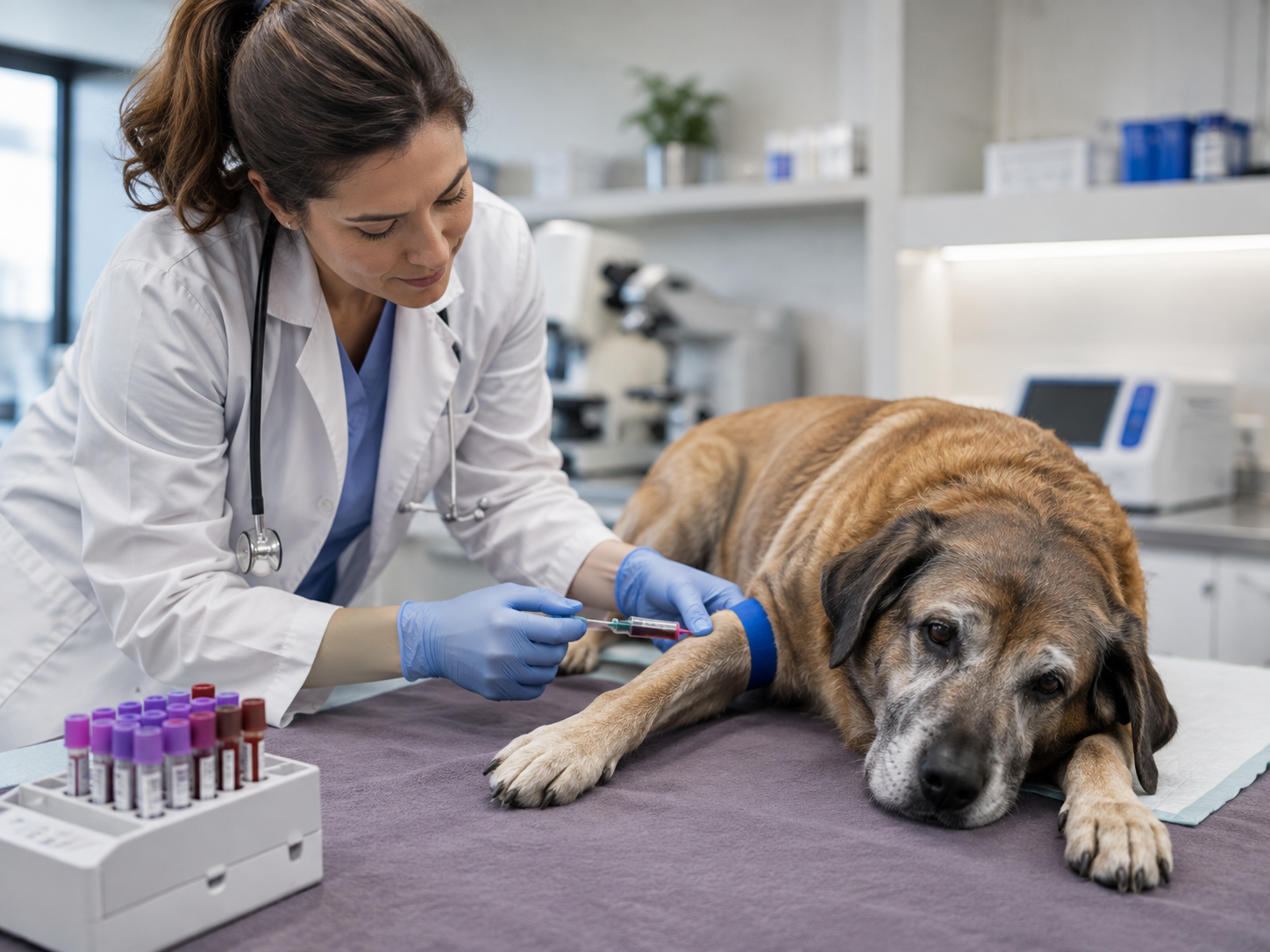 Veterinária realiza coleta de sangue em cão com fraqueza durante investigação da função tireoidiana e possível solicitação do exame T3 veterinário.