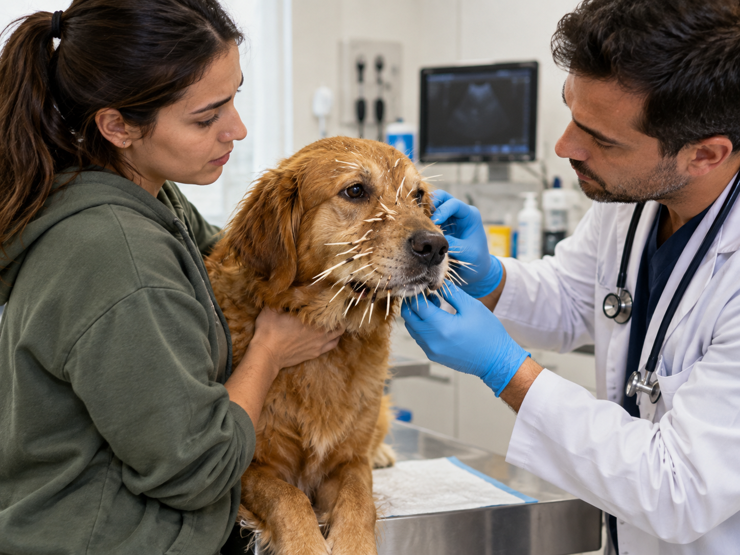 Avaliação veterinária de cachorro com espinho de ouriço Tutora acompanha avaliação veterinária de cachorro com espinho de ouriço enquanto o profissional examina cuidadosamente o focinho e a região facial.