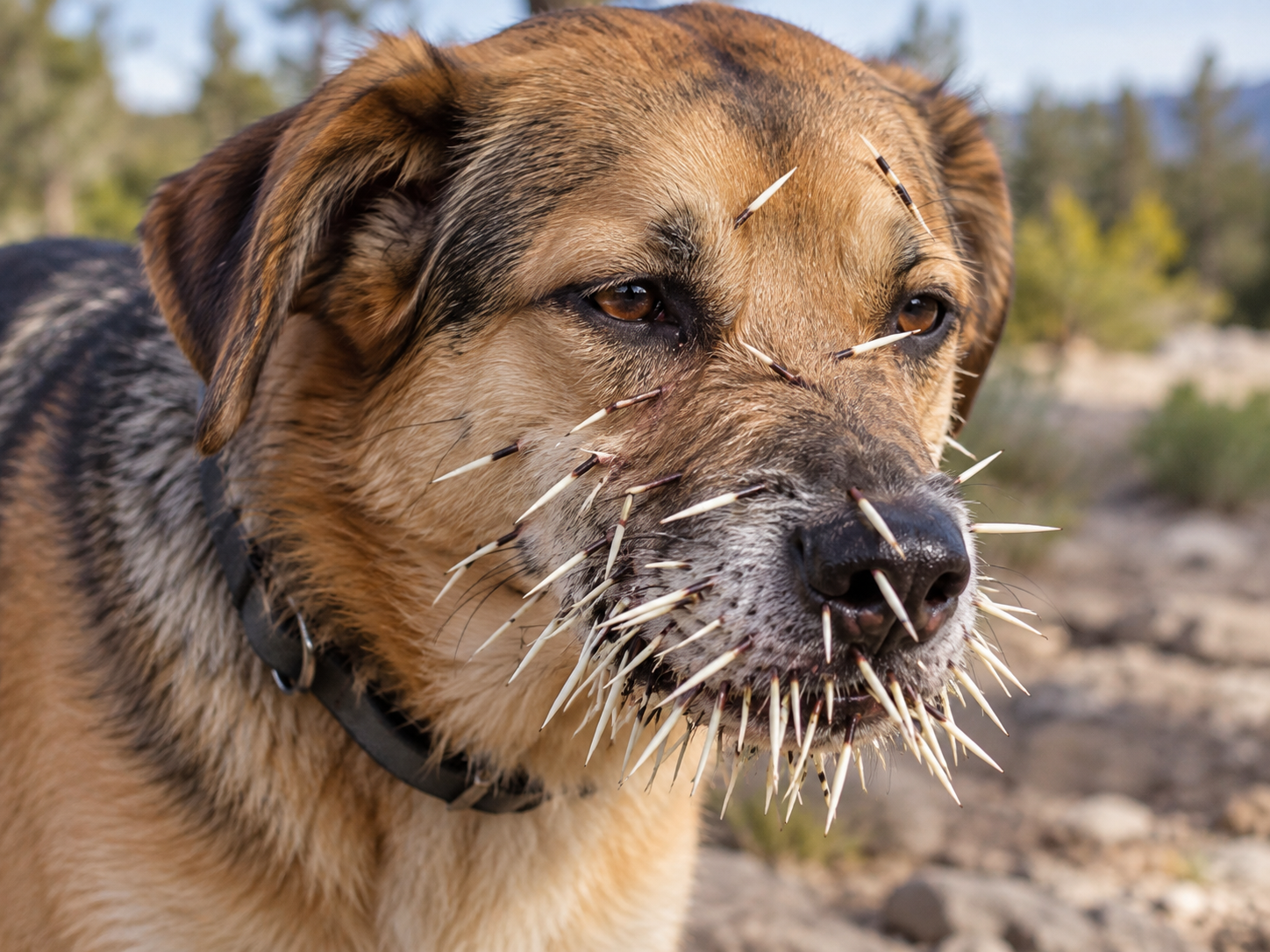Cachorro com espinho de ouriço apresenta múltiplos espinhos presos no focinho e na face durante situação de contato com animal silvestre.