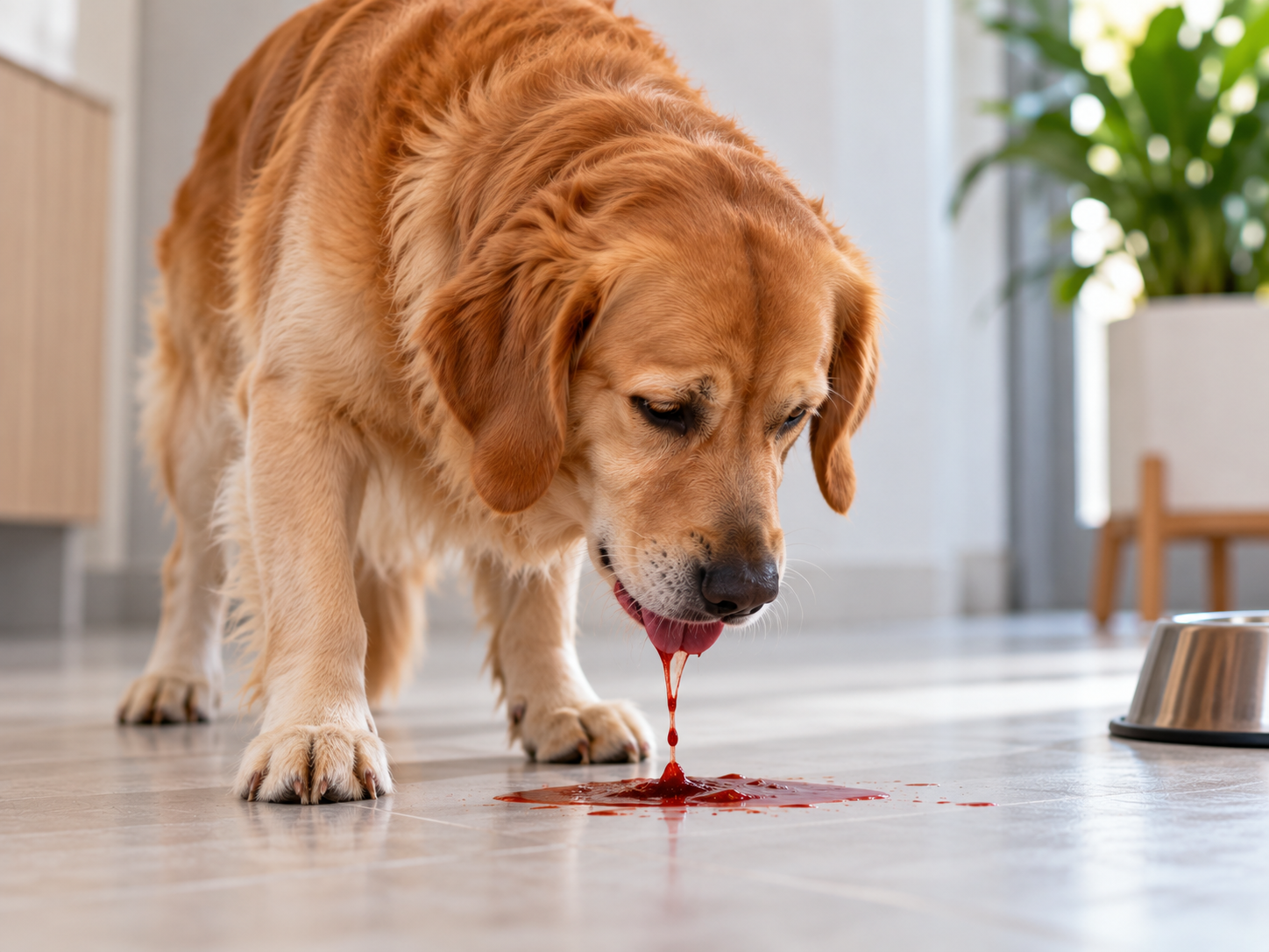 Cachorro vomitando sangue em ambiente doméstico, com conteúdo avermelhado no chão e postura compatível com episódio de vômito e desconforto.