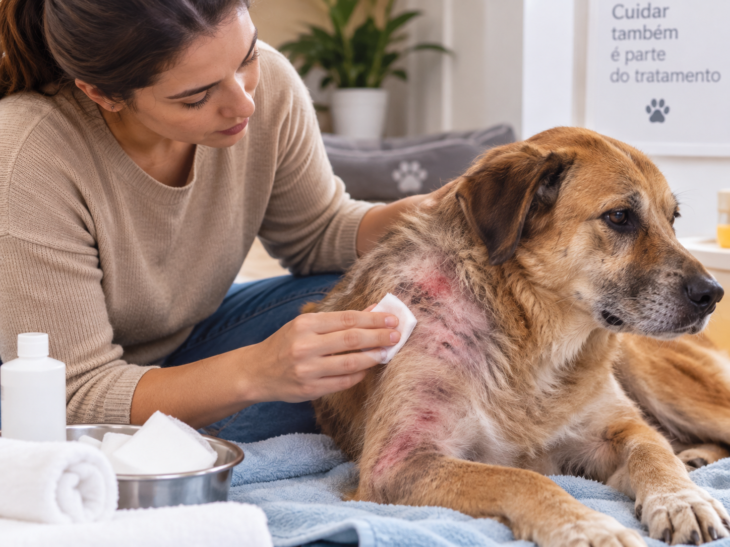 Cuidados com lesões de sarna negra em cachorro Tutora realiza cuidado local em cachorro com sarna negra, higienizando delicadamente áreas avermelhadas e lesionadas durante o acompanhamento da demodicose.