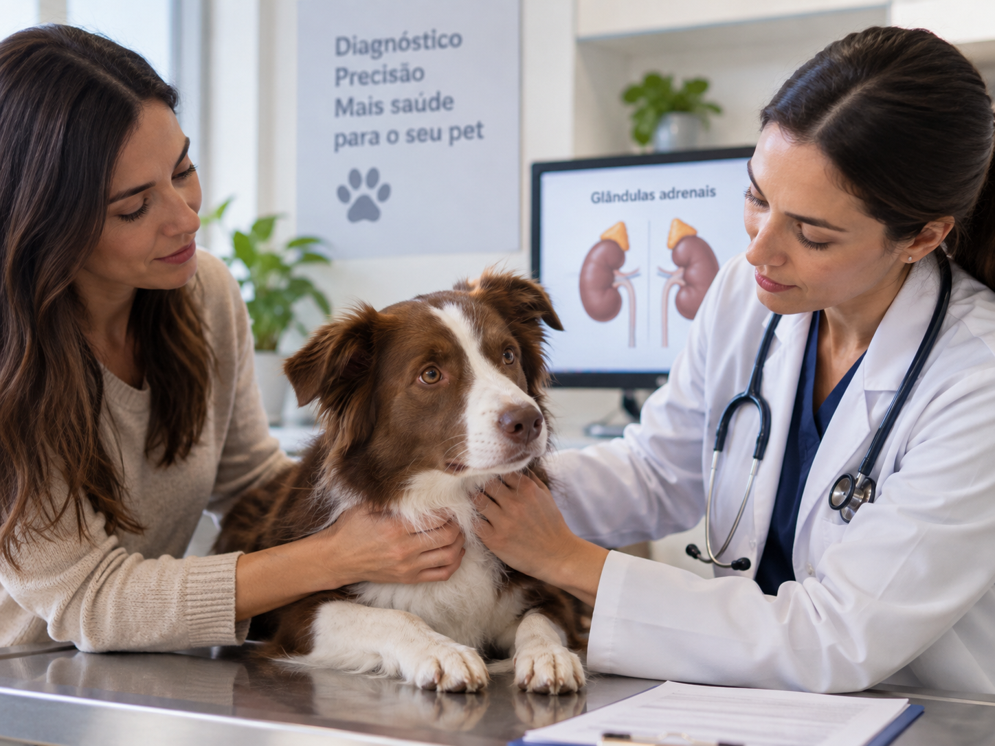 Avaliação endocrinológica para diagnóstico de hipoadrenocorticismo Tutora acompanha cão durante avaliação com endocrinologista veterinário, etapa importante no diagnóstico do hipoadrenocorticismo em cães e investigação das glândulas adrenais