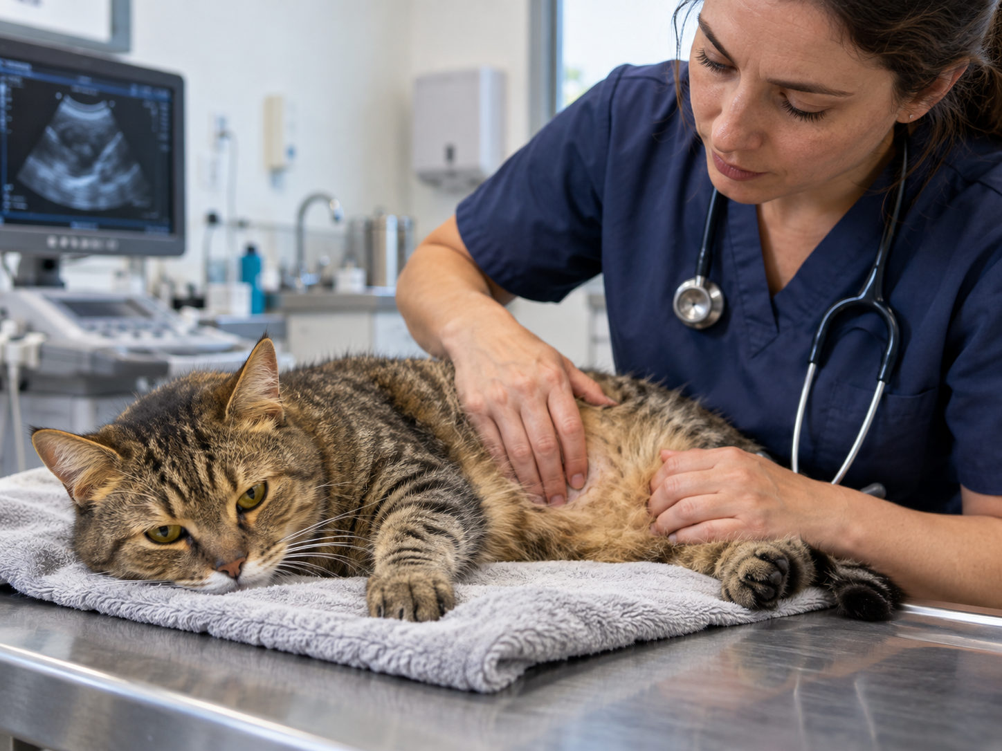 Avaliação veterinária para diagnóstico de colangiohepatite felina Veterinária examina o abdômen de um gato em ambiente clínico, com equipamento de imagem ao fundo durante investigação de colangiohepatite felina.