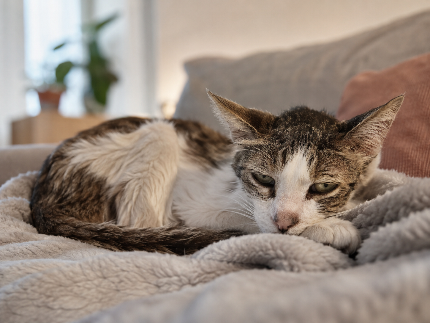 Gato magro e cansado deitado sobre cobertor, representando alterações compatíveis com dirofilariose em gatos e redução da disposição física do felino.