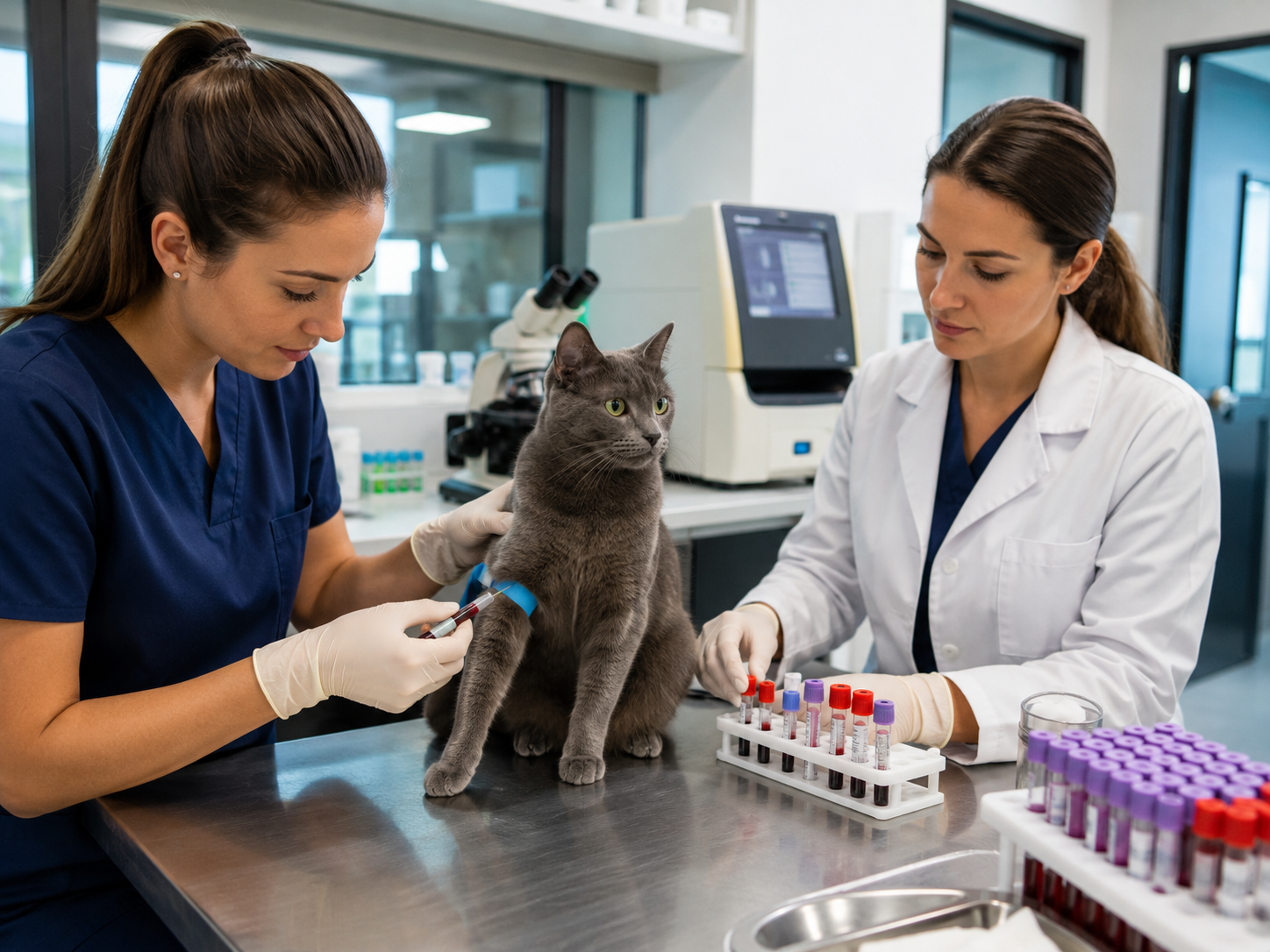 Profissionais realizam coleta de sangue em gato dentro de centro diagnóstico veterinário preparado para processamento e dosagem hormonal de T3 Total.