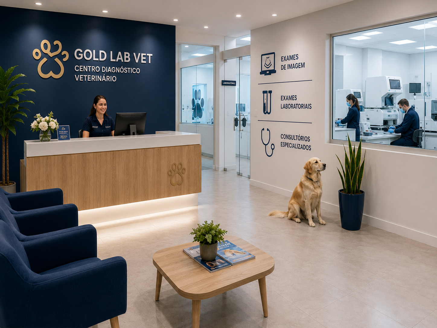 Estrutura da Gold Lab Vet com recepção e laboratório veterinário integrados para realização de exames hormonais em cães e gatos.