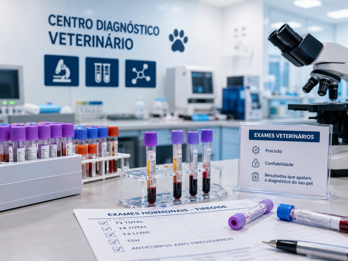 Laboratório veterinário com diversas amostras sanguíneas e exames hormonais utilizados na avaliação integrada de T3, T4 e função tireoidiana dos pets.