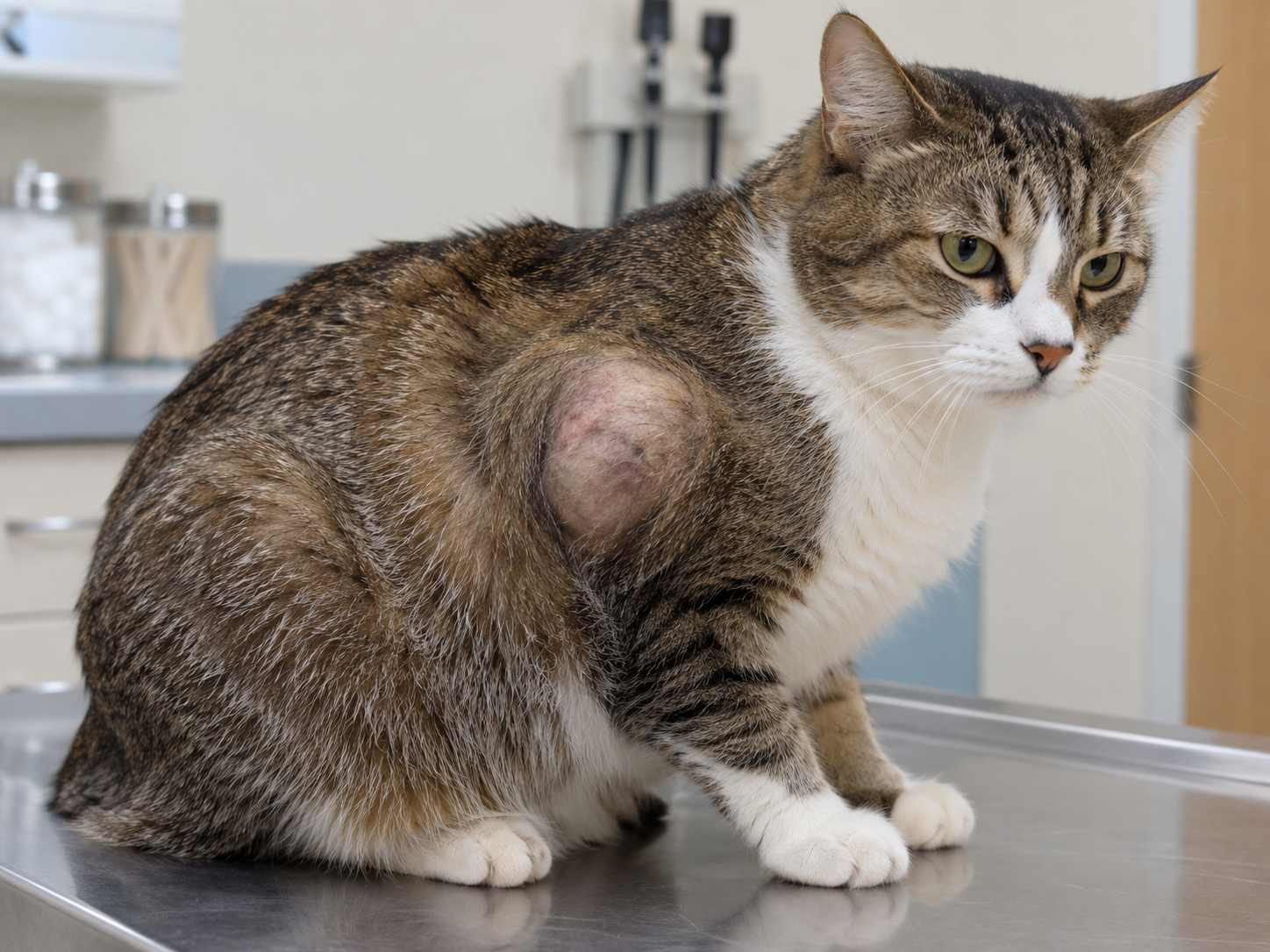 Gato em mesa veterinária com massa subcutânea evidente na lateral do corpo, representação visual de fibrossarcoma em gatos durante avaliação clínica.