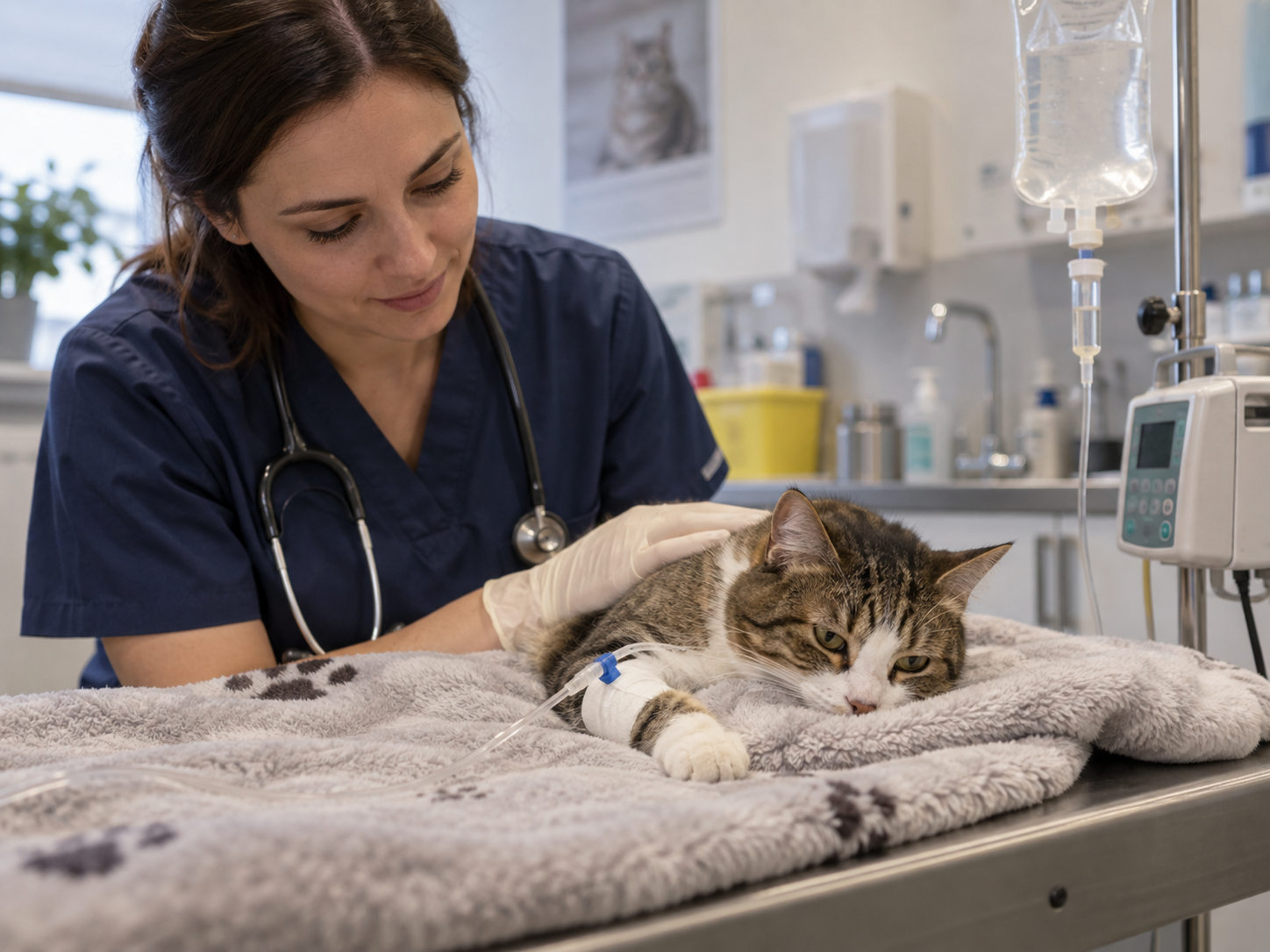 Fluidoterapia em gato com colangiohepatite felina Gato recebe fluidoterapia intravenosa sob acompanhamento veterinário, medida de suporte utilizada em alguns tratamentos para colangiohepatite felina e desidratação associada ao quadro clínico.