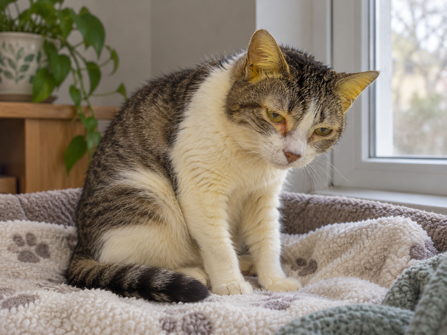 Gato apático com coloração amarelada nos olhos e orelhas, aparência compatível com icterícia associada à investigação de colangiohepatite felina veterinária.
