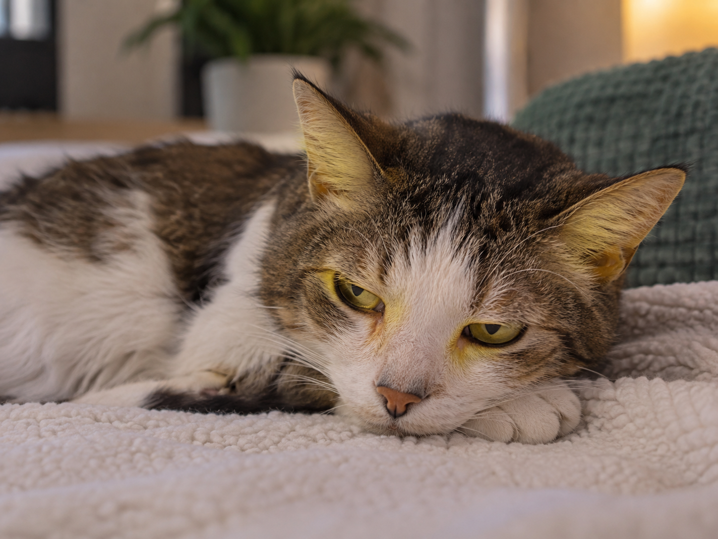Icterícia em gato com colangiohepatite felina Gato deitado e apático com olhos e pele amarelados, demonstrando icterícia, um dos sinais observados em casos de colangiohepatite felina.