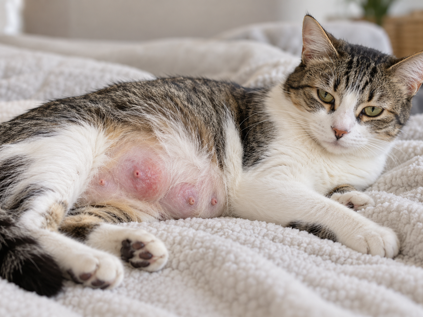 Gata deitada com mamas inchadas e avermelhadas, representação visual de mastite em gatos durante quadro inflamatório das glândulas mamárias felinas.
