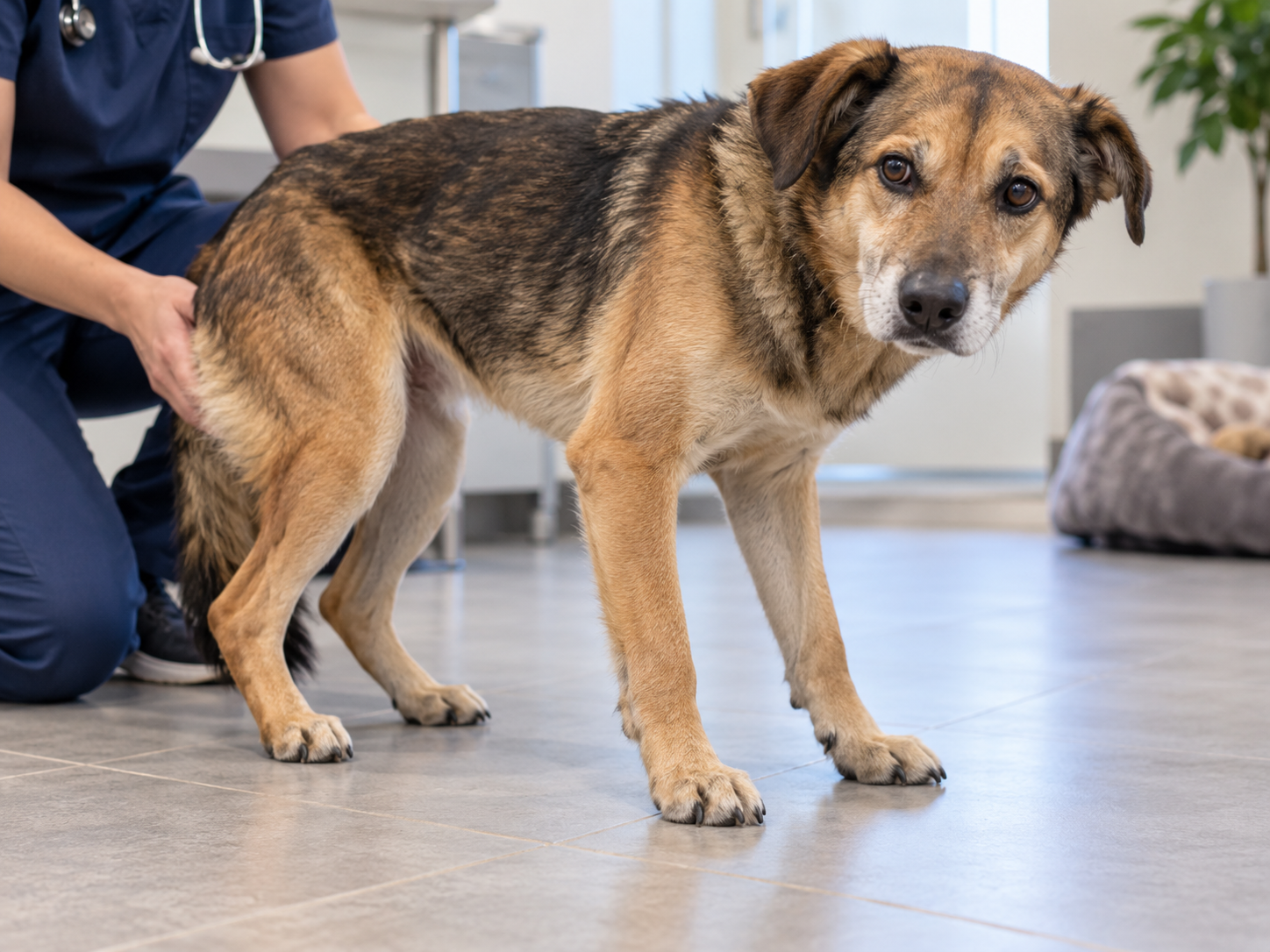 Cão com dificuldade de locomoção recebe apoio durante avaliação, representando alterações neuromusculares associadas à neosporose em cães e fraqueza nas patas traseiras.