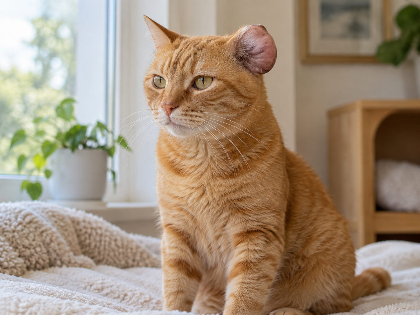 Gato laranja com aumento visível no pavilhão auricular, imagem representativa de otohematoma em gatos e inchaço característico na região da orelha afetada.