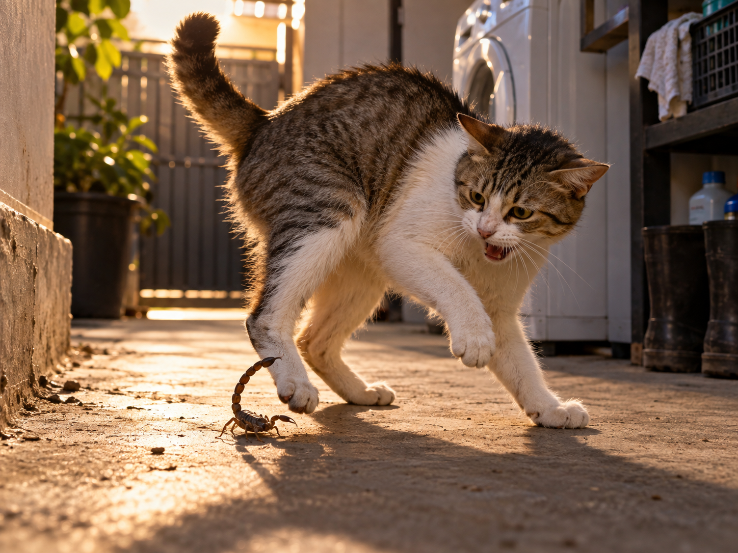Gato reage ao contato com escorpião próximo à pata, ilustrando picada de escorpião em gato e reação imediata à ferroada.