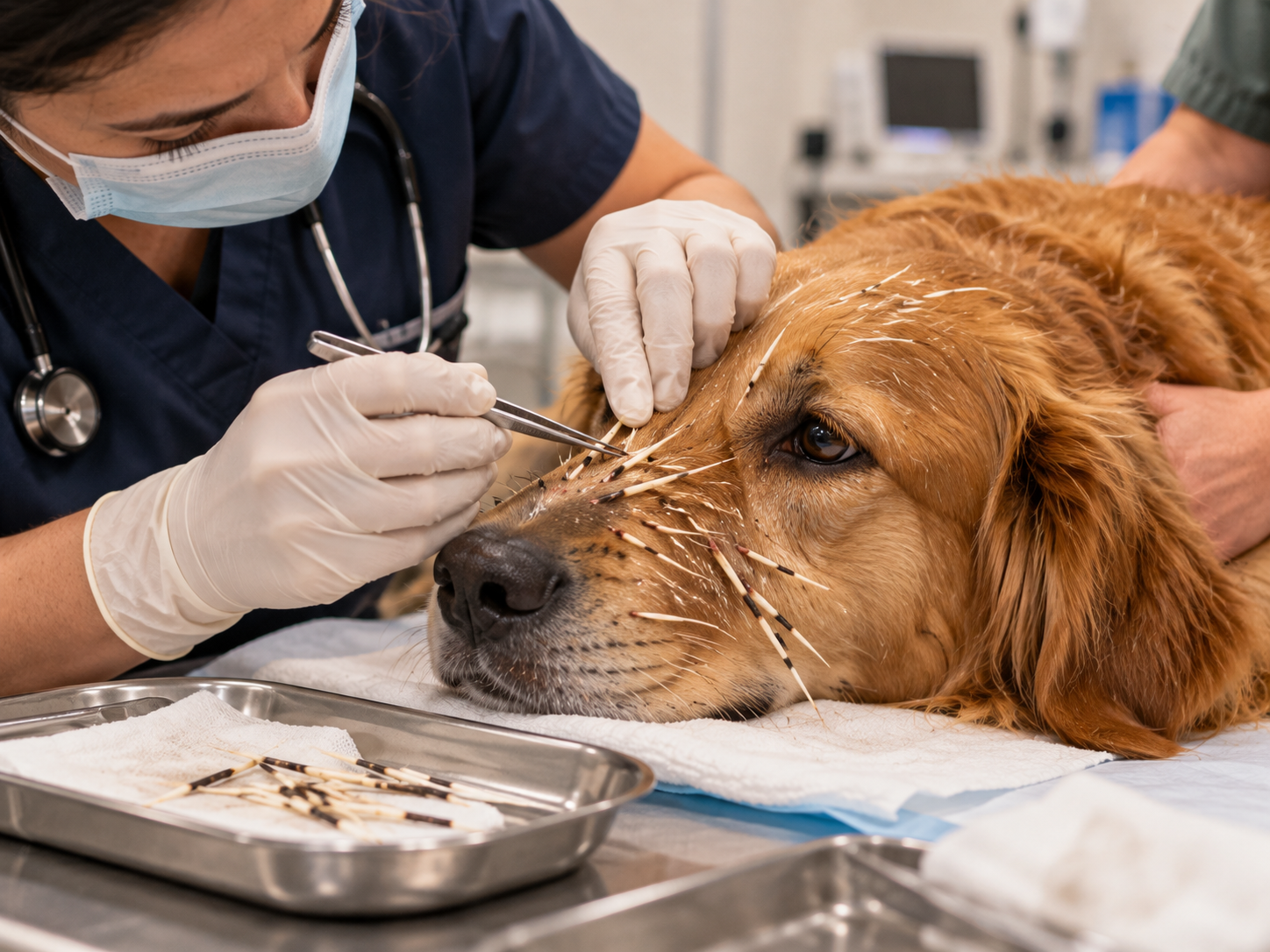 Retirada cuidadosa de espinhos de ouriço em cachorro Veterinária remove cuidadosamente espinhos do focinho de cachorro com espinho de ouriço durante procedimento clínico de tratamento e avaliação das perfurações.