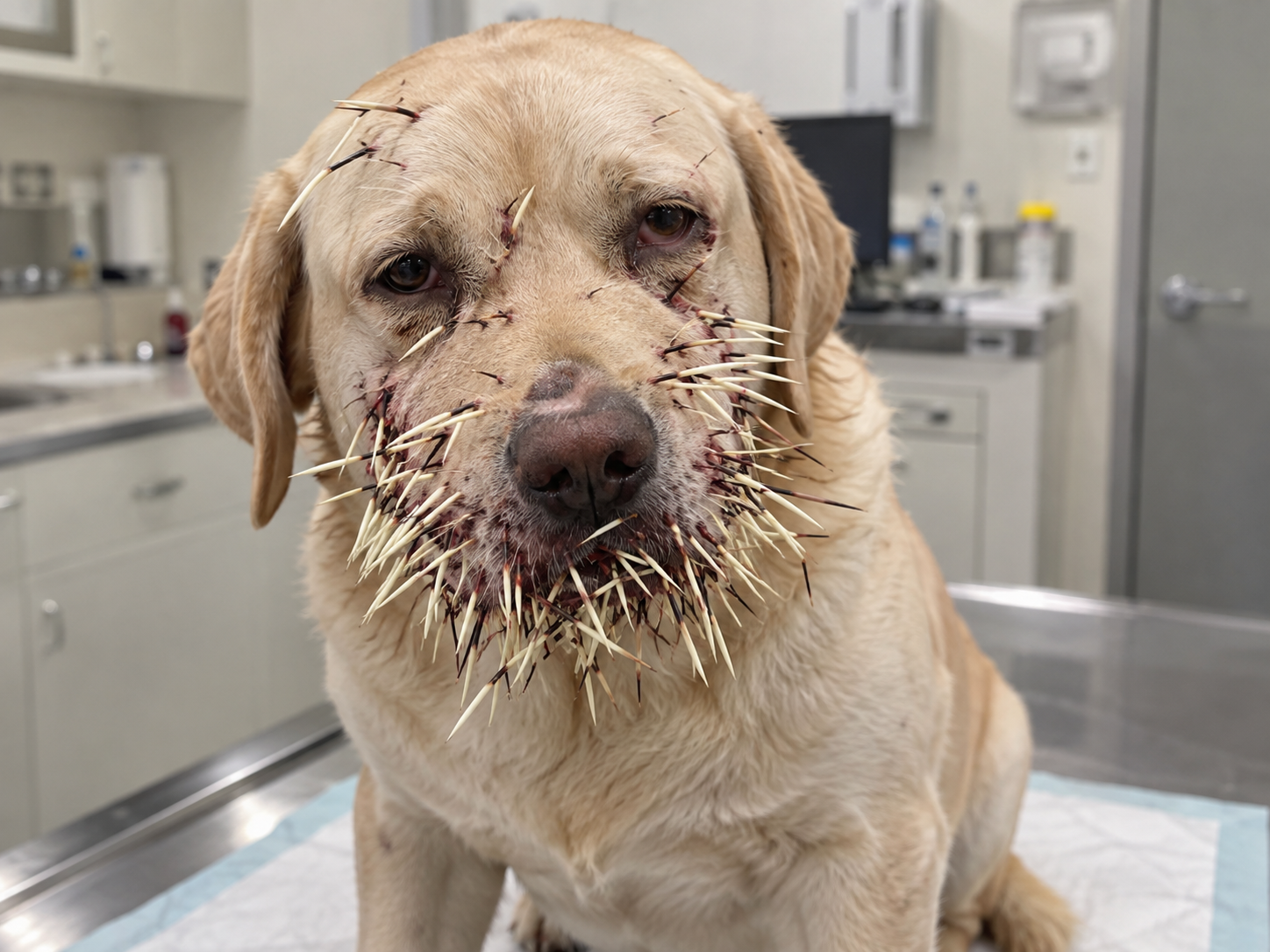 Cachorro com vários espinhos de ouriço na face Cachorro com espinho de ouriço apresenta numerosos espinhos no focinho e ao redor dos olhos durante avaliação em ambiente veterinário.