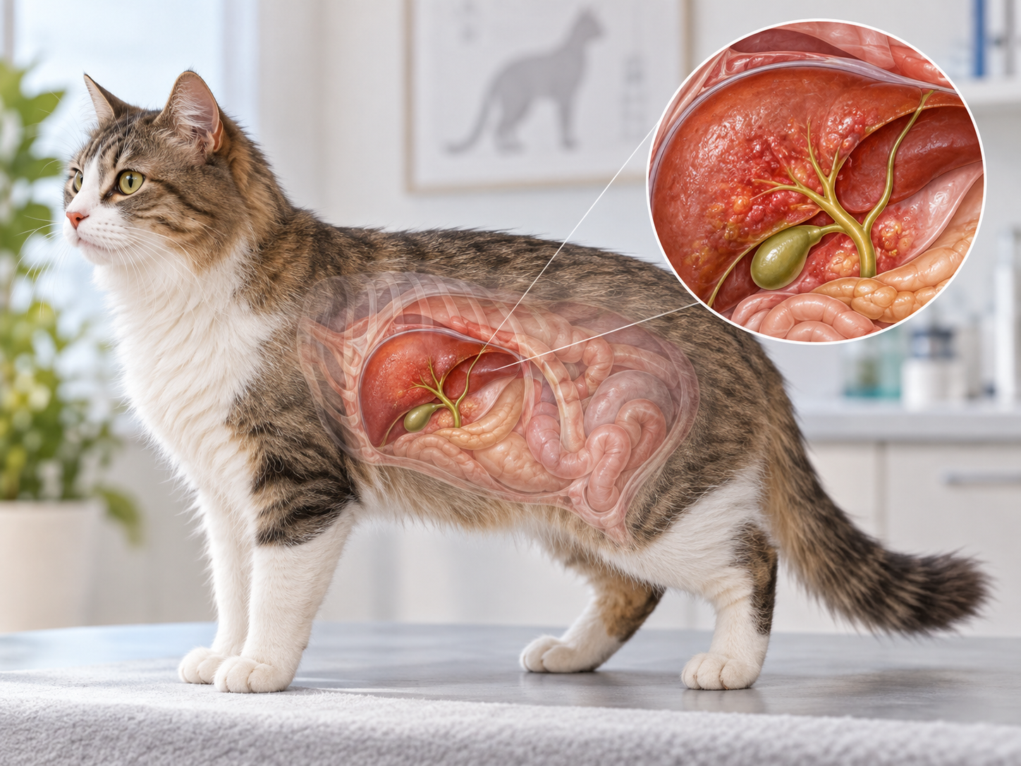 Vias biliares e fígado na colangiohepatite felina Ilustração anatômica de gato destacando fígado, vesícula e vias biliares inflamadas para representar a colangiohepatite felina e o comprometimento hepatobiliar.