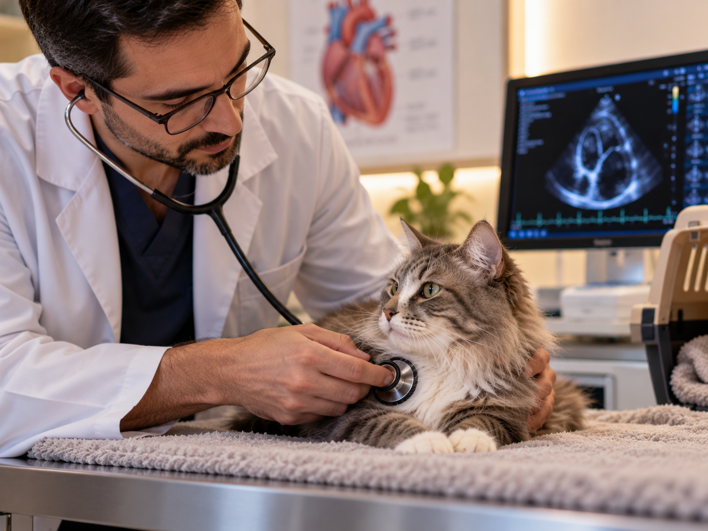 Veterinário realiza auscultação cardíaca com estetoscópio em gato deitado sobre uma maca, ilustrando o acompanhamento clínico da cardiomiopatia restritiva felina