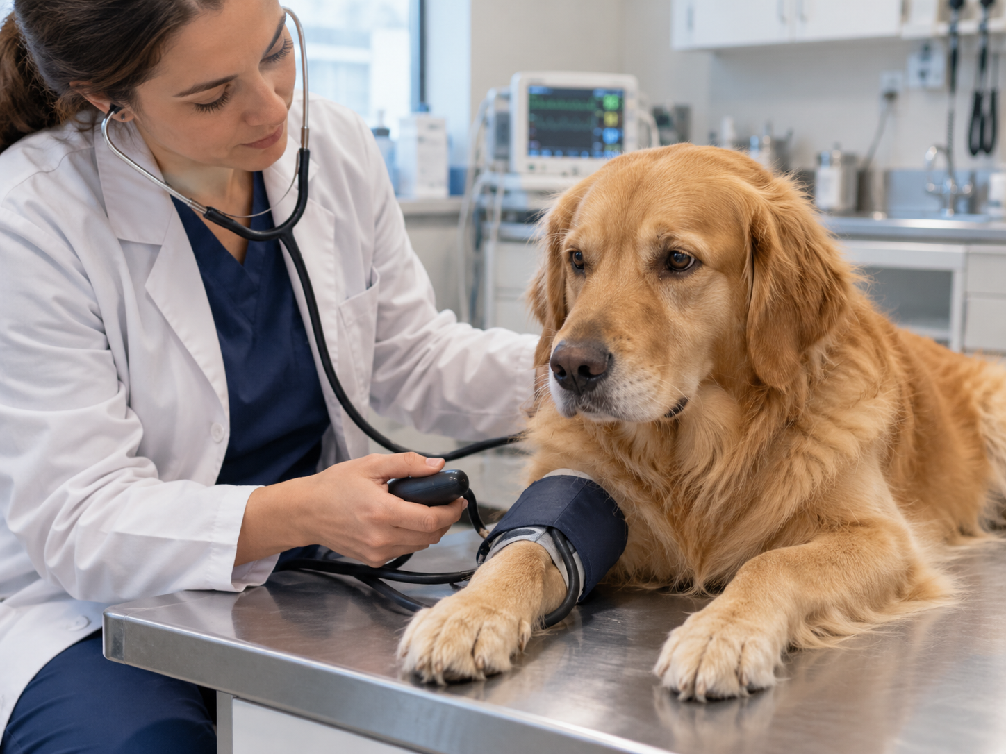 Medição da pressão arterial em cachorro Médica veterinária realiza medição da pressão arterial de um golden retriever com manguito na pata dianteira, durante avaliação clínica em ambiente veterinário