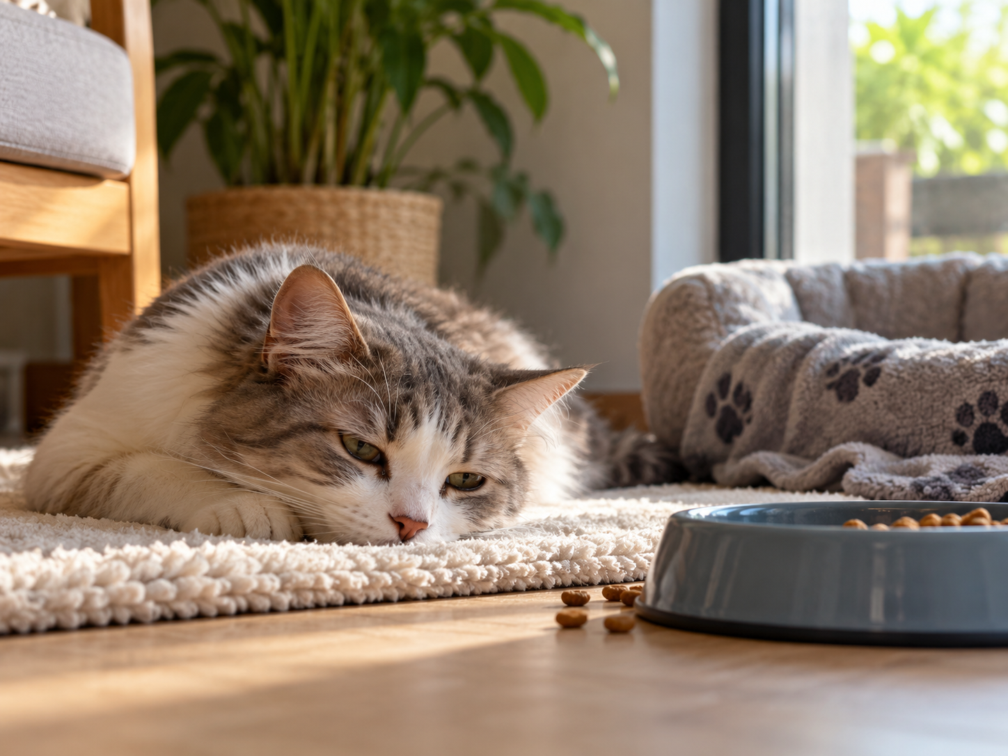 Gato deitado próximo ao pote de ração, demonstrando pouca disposição e desinteresse pela alimentação, manifestações que podem ocorrer na cardiomiopatia restritiva felina