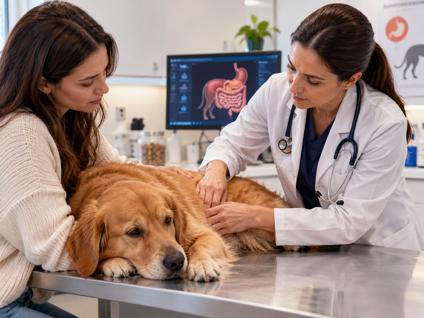 Avaliação gastroenterológica de cachorro com suspeita de virose Médica-veterinária examinando o abdômen de um cachorro Golden Retriever sobre a mesa clínica, enquanto sua tutora acompanha a avaliação gastroenterológica do animal