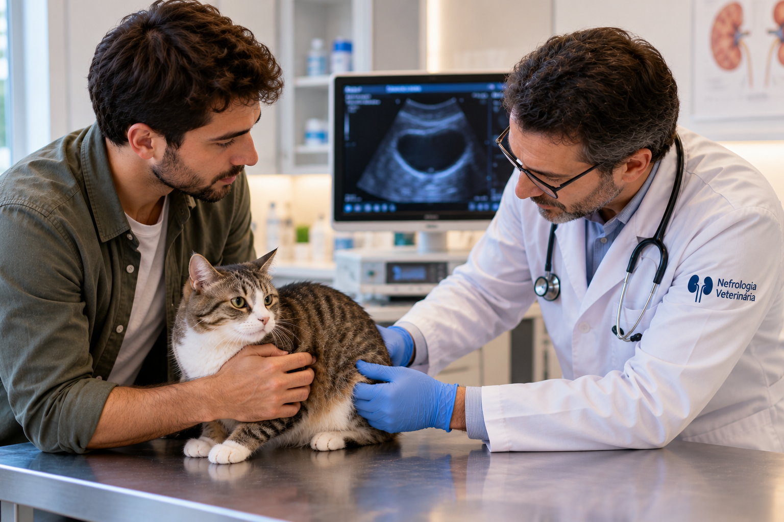 Gato em avaliação abdominal com nefrologista veterinário Tutor acompanhando seu gato durante avaliação com nefrologista veterinário, que examina a região abdominal do felino em consultório equipado para investigação urinária