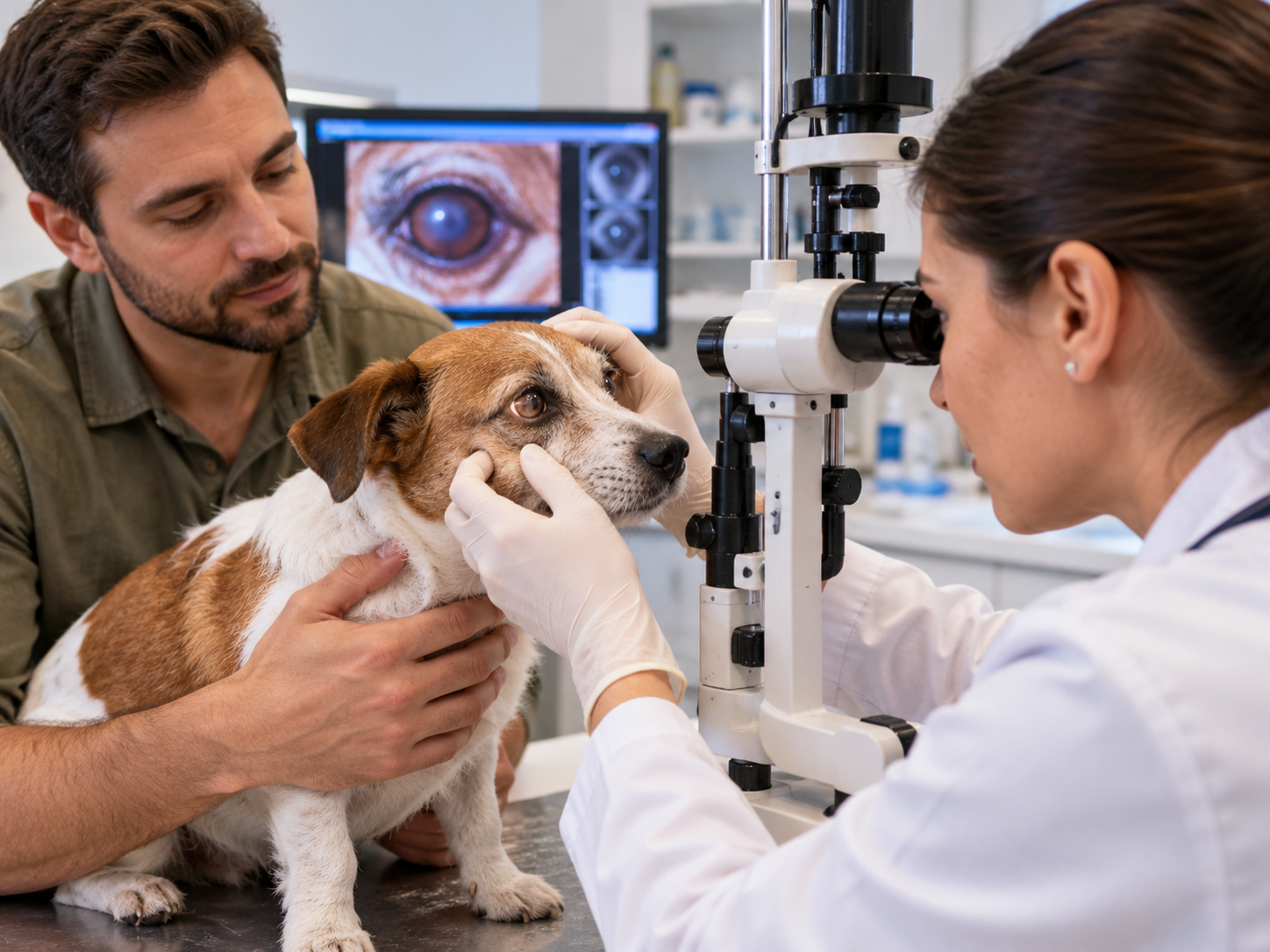 Cachorro em avaliação com oftalmologista veterinária Homem acompanha seu cachorro durante exame ocular realizado por oftalmologista veterinária com equipamento especializado para avaliar possíveis alterações na superfície dos olhos
