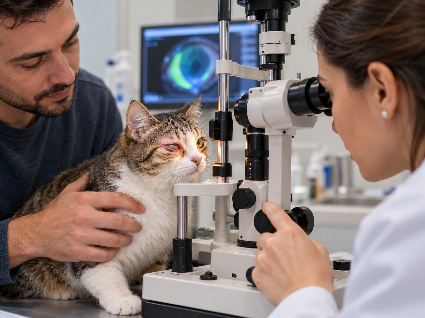 Homem acompanha seu gato com lesão ocular durante avaliação com oftalmologista veterinária, que utiliza equipamento especializado para examinar a superfície da córnea
