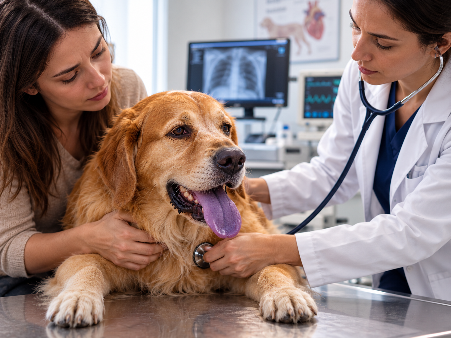 Mulher acompanha cachorro com a língua roxa durante avaliação veterinária, enquanto profissional utiliza estetoscópio para examinar o animal em ambiente clínico