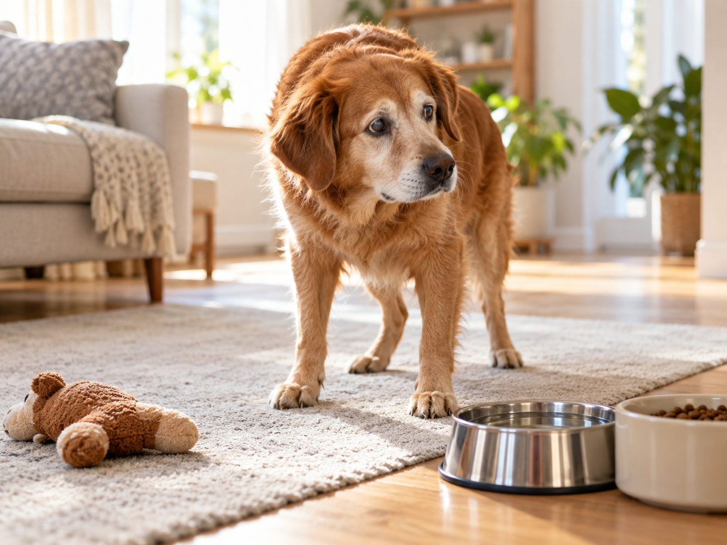 Cão idoso com dificuldade para localizar objetos Cão idoso em sala de estar, próximo a brinquedo e recipientes de alimentação, aparentando dificuldade de orientação em ambiente familiar da residência