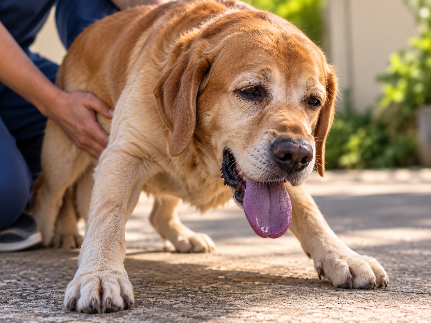 Cachorro com a língua roxa apresenta fraqueza acentuada e dificuldade para permanecer em pé, enquanto uma pessoa oferece apoio ao animal