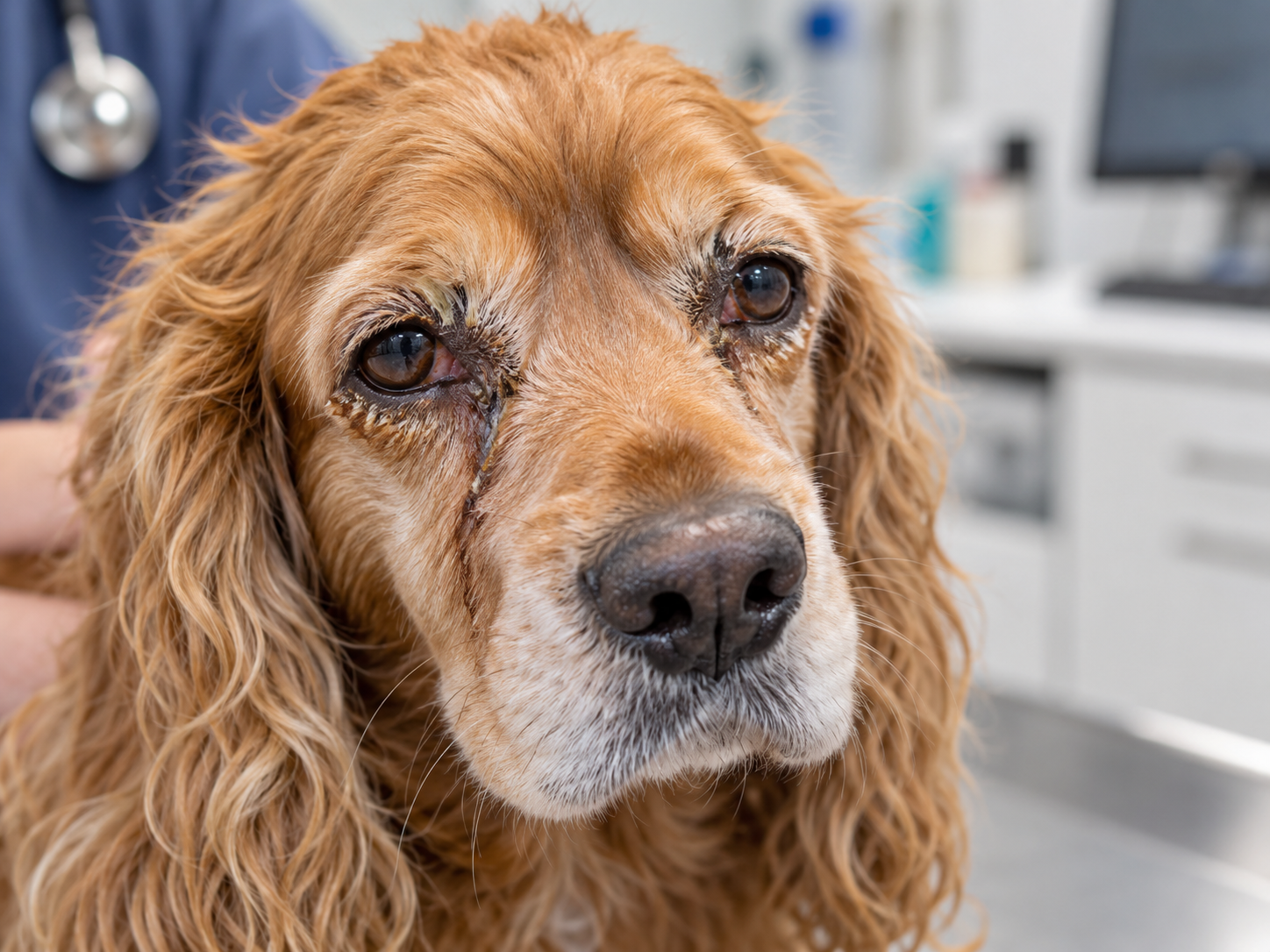 Cachorro com crostas nas pálpebras e olho seco Cachorro de pelagem dourada apresenta crostas e secreção acumulada nas pálpebras, características que podem ocorrer em casos de olho seco canino