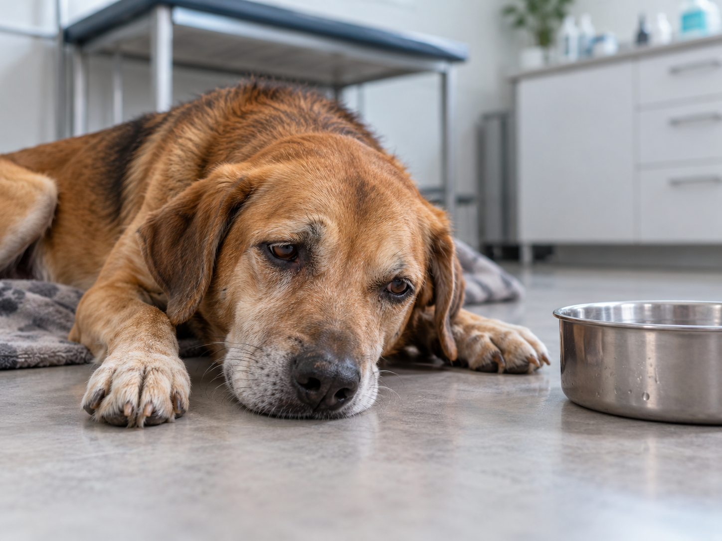 Cão debilitado com sinais de prostração e possível desidratação Cão deitado no chão de uma clínica veterinária, com aparência de fraqueza e prostração, próximo a uma tigela de água