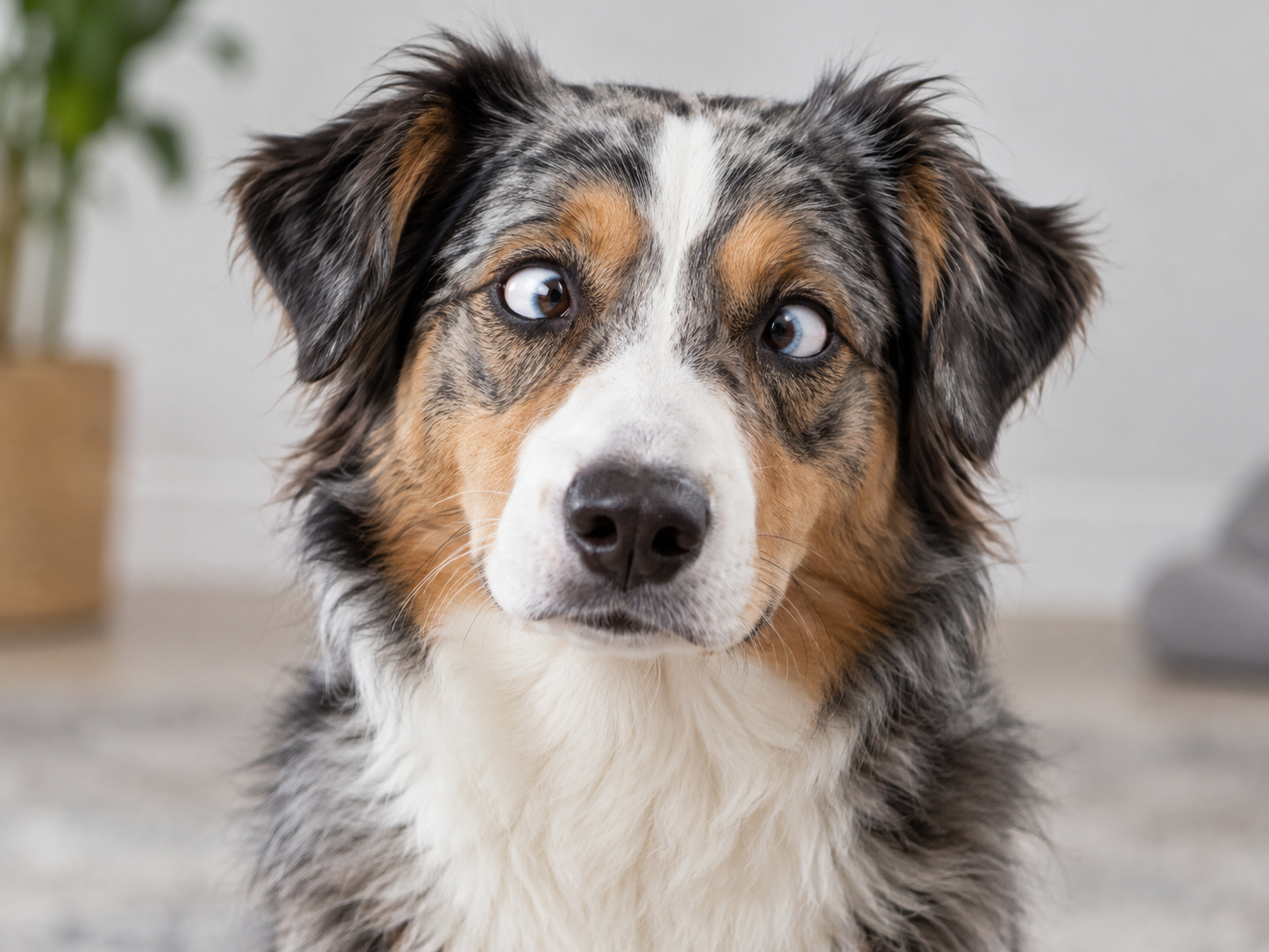 Cachorro vesgo de pelagem merle, com olhos visivelmente desalinhados e direcionados para lados diferentes, fotografado de frente em ambiente interno