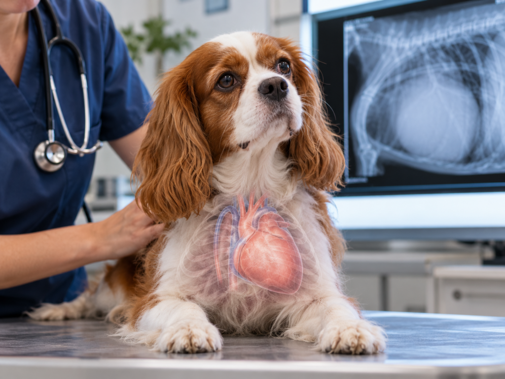 Cardiomegalia em cães .Cão da raça Cavalier King Charles Spaniel durante avaliação veterinária, com ilustração do coração sobre o tórax e radiografia cardíaca ao fundo