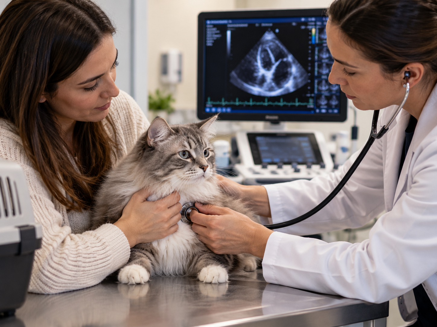 Tutora acompanha seu gato durante avaliação com cardiologista veterinária, que utiliza estetoscópio para examinar o coração, com equipamento de ecocardiografia ao fundo