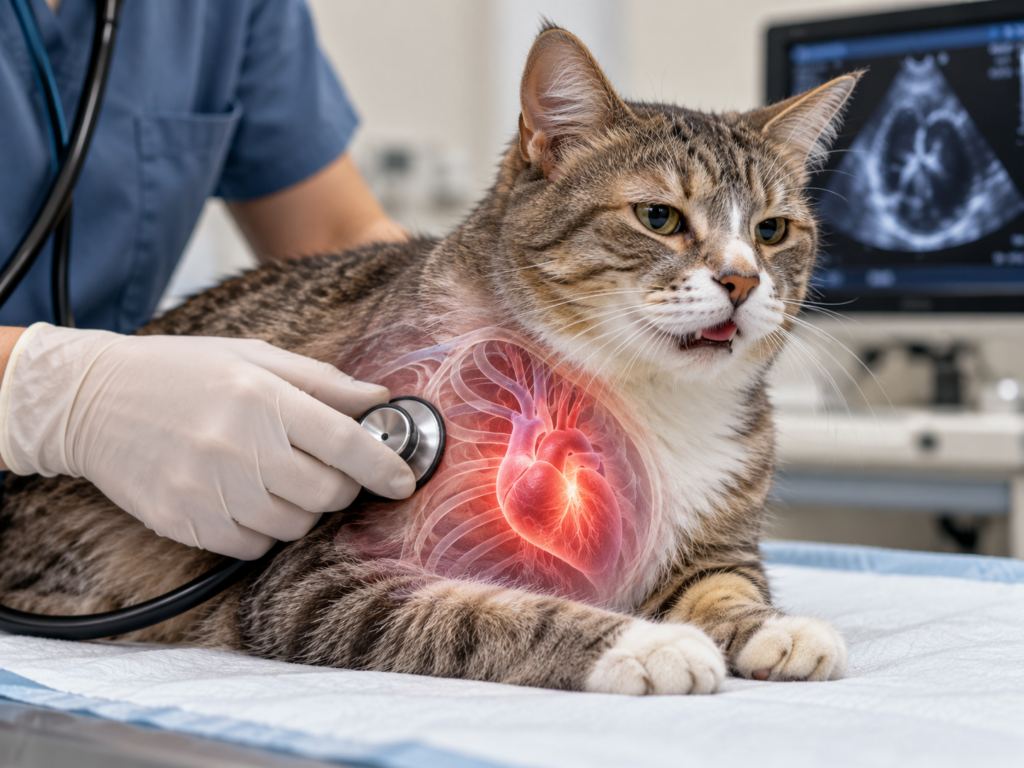 Gato tigrado em avaliação veterinária com estetoscópio e representação anatômica do coração, ilustrando a cardiomiopatia restritiva felina e o comprometimento cardíaco