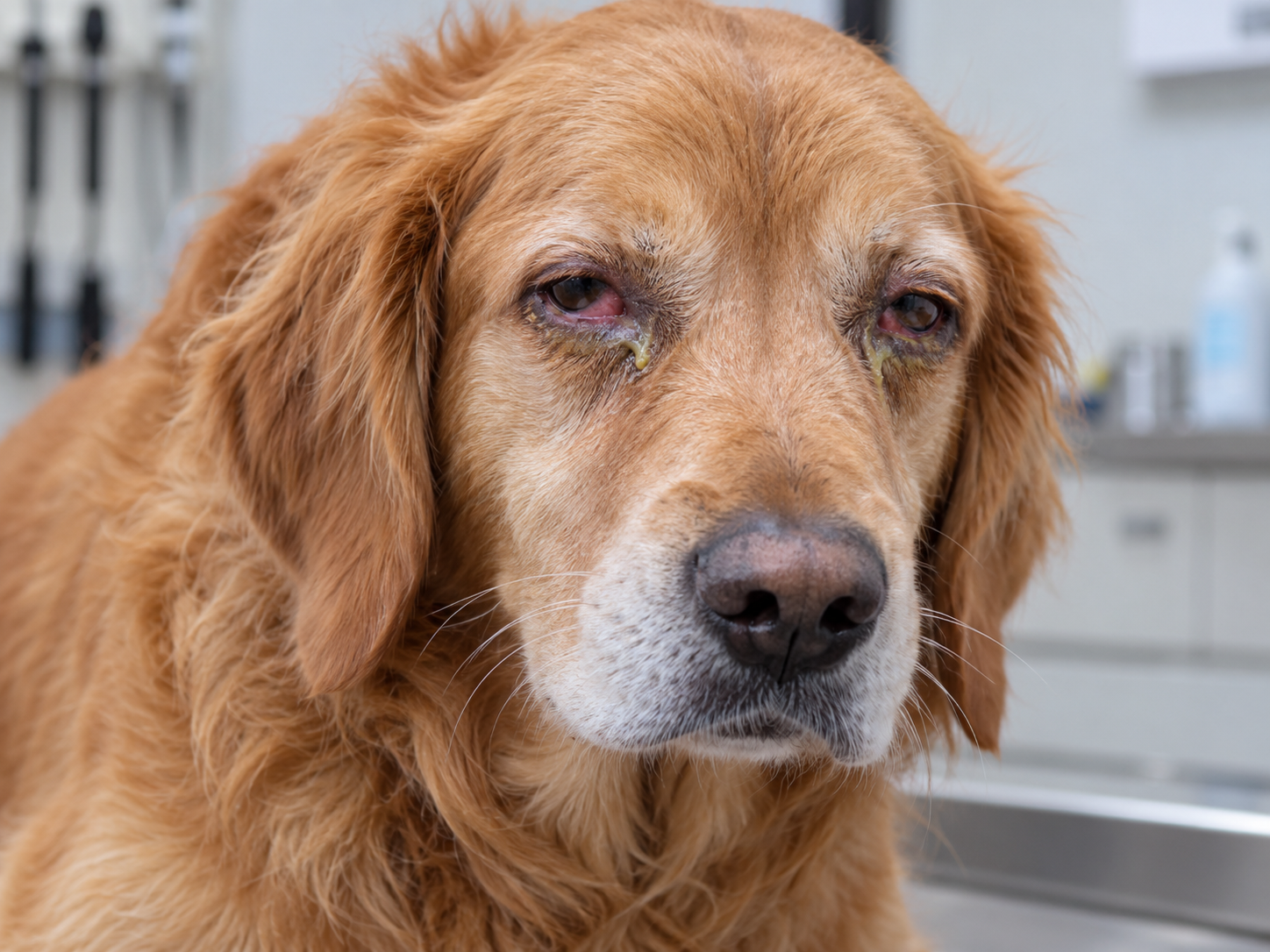 Cão de pelagem dourada com vermelhidão nos olhos e secreção amarelada, manifestações oculares compatíveis com ceratoconjuntivite seca em cães