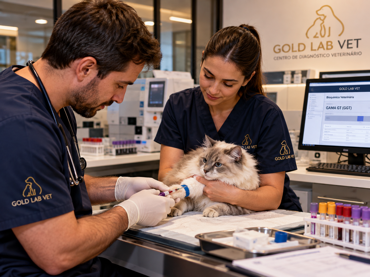 Veterinários realizam coleta sanguínea em gato no centro diagnóstico da Gold Lab Vet para exame de GAMA GT (GGT) veterinário.